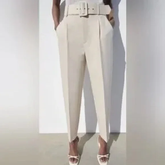 ZARA NWT high-waisted pants with fabric-covered belt SZ M NEW ! - Picture 2 of 6